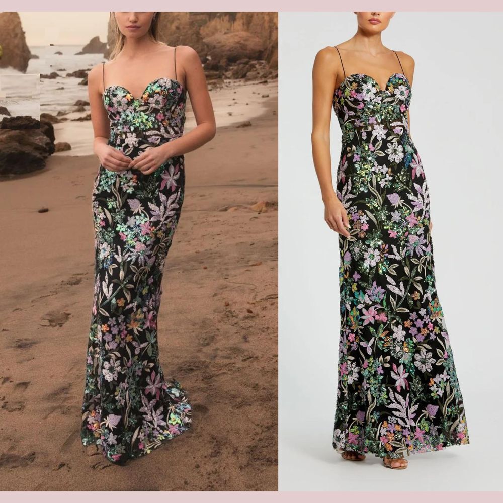 NEW Mac Duggal‎ [ 12 ] Spaghetti Strap Bustier Embroidered Appliqué Gown Black